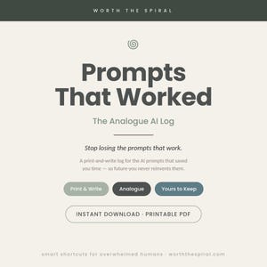 May include: A digital graphic with a cream background featuring the text Worth The Spiral, Prompts That Worked, The Analogue AI Log, Stop losing the prompts that work, A print-and-write log for the AI prompts that saved you time, and Instant Download.