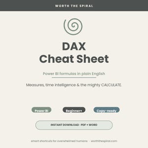 Może przedstawiać: Dokument cyfrowy zatytułowany DAX Cheat Sheet z ikoną spirali. Zawiera tekst Power BI formulas in plain English, Measures, time intelligence & the mighty CALCULATE oraz przyciski Power BI, Beginner+, Copy-ready i Instant Download.