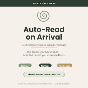 May include: A digital document titled Worth the Spiral featuring the text Auto-Read on Arrival, Notification emails, read automatically, and The emails you never open - handled before you even see them. Includes buttons for Beginner, No Code, Worksheet, and Instant Digital Download PDF.