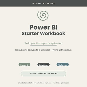 Może przedstawiać: Cyfrowa okładka skoroszytu zatytułowana Power BI Starter Workbook z ikoną spirali. Tekst zawiera Build your first report, step by step, From blank canvas to published - without the panic oraz przyciski Power BI, Beginner, Write-on.