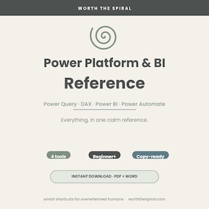 Może przedstawiać: Cyfrowy przewodnik referencyjny zatytułowany Power Platform & BI Reference z ikoną spirali. Wymienia Power Query, DAX, Power BI i Power Automate. Zawiera 4 tools, Beginner+, Copy-ready oraz Instant Download PDF + Word.