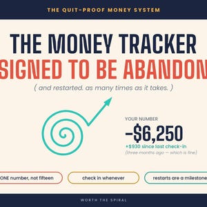 May include: A graphic titled The Quit-Proof Money System, The Money Tracker Designed To Be Abandoned. It features a teal spiral arrow, the text Your Number -$6,250, +$930 since last check-in, and three buttons: ONE number, not fifteen, check in whenever, and restarts are a milestone.