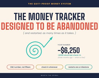 May include: A graphic titled The Quit-Proof Money System, The Money Tracker Designed To Be Abandoned. It features a teal spiral arrow, the text Your Number -$6,250, +$930 since last check-in, and three buttons: ONE number, not fifteen, check in whenever, and restarts are a milestone.