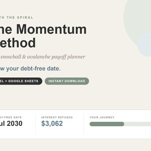 May include: A digital debt payoff planner titled The Momentum Method with text reading Worth the Spiral, Debt snowball & avalanche payoff planner, and Know your debt-free date. Includes buttons for Excel + Google Sheets and Instant Download.