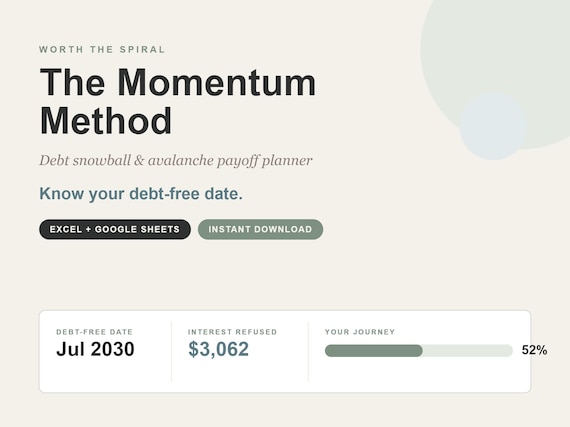 Momentum Method Debt Payoff Planner, Snowball Avalanche Calculator (Excel, Google Sheets)