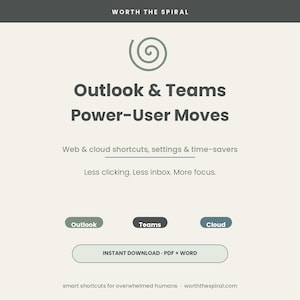 Op de afbeelding: Een digitaal document getiteld Worth The Spiral Outlook & Teams Power-User Moves. Het bevat een spiraalpictogram, tekst over web- en cloud-snelkoppelingen, instellingen en tijdbesparingen, met knoppen voor Outlook, Teams, Cloud en Instant Download PDF + Word.