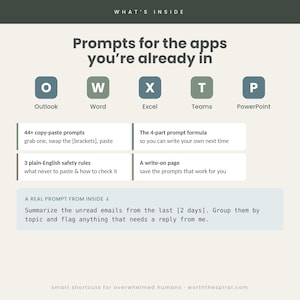 May include: An informational graphic titled WHAT'S INSIDE Prompts for the apps you're already in. It features icons for Outlook, Word, Excel, Teams, and PowerPoint. It lists 44+ copy-paste prompts, a 4-part prompt formula, 3 safety rules, and a write-on page.