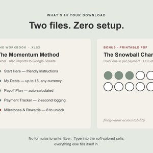 May include: A digital financial planning set featuring The Momentum Method workbook in XLSX format and The Snowball Chart as a printable PDF. The layout includes text details for debt tracking, payment logging, and milestone rewards with a visual chart.