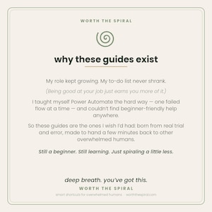 Op de afbeelding: Een rechthoekige informatieve afbeelding met de titel Worth The Spiral en een groen spiraalpictogram. De tekst luidt: why these guides exist, My role kept growing. My to-do list never shrank. I taught myself Power Automate the hard way. deep breath. you've got this.