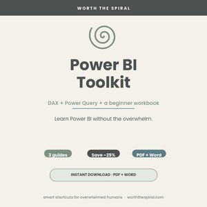 Może przedstawiać: Cyfrowa grafika produktu zatytułowana Power BI Toolkit z ikoną spirali. Tekst zawiera DAX + Power Query + a beginner workbook, Learn Power BI without the overwhelm, 3 guides, Save ~25%, PDF + Word, INSTANT DOWNLOAD oraz worththespiral.com.