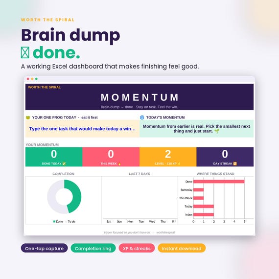 ADHD Productivity System | Excel Task Dashboard, Habit Tracker (Instant Download)