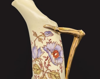 Beautiful Antique Ewer Pitcher with "Antler" Guilded Handle and hand-painted floral design with gold trim 6.5" tall - V4958