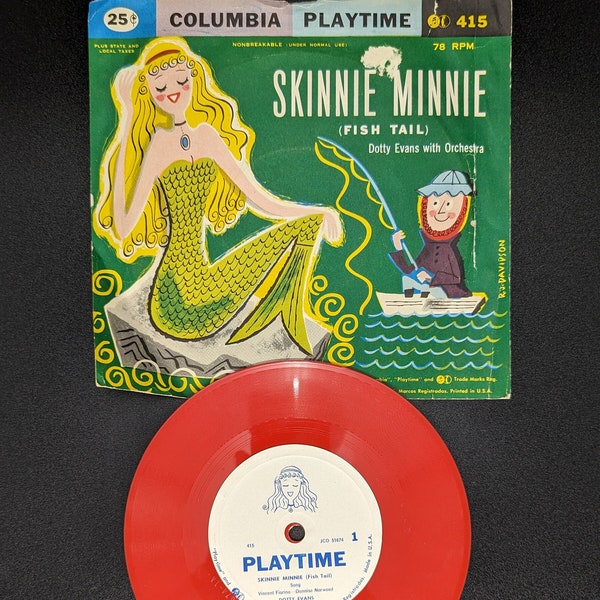 Vintage 1950s Columbia Playtime Red Vinyl 78RPM Children's Record "Skinnie Minnie (fish tail)" by Dotty Evans with original jacket - V2260