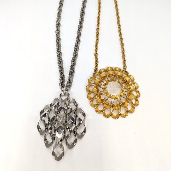 Vintage Pair of Metal Pendent Medallion Style Necklaces silver tone and gold tone - V1115