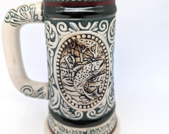 Vintage 1983 AVON Collectible 5" tall Beer Stein with hunting and fishing scenes - V4406