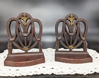 Antique circa 1920s Bradley & Hubbard Heavy Metal Bookends Hepplewhite/Chippendale Chair Back Design - V2539