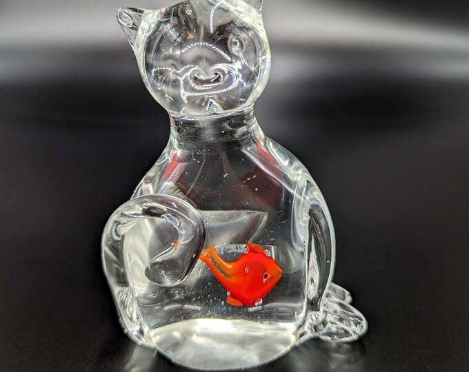 Vintage Murano Glass Cat With Fish in Belly Statue/paperweight 5 Tall