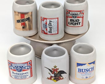 Vintage 1980s Group of 6 (or a 6-pack) of Ceramic Anheuser-Busch Product Mini Mugs Shot Glasses - V6159
