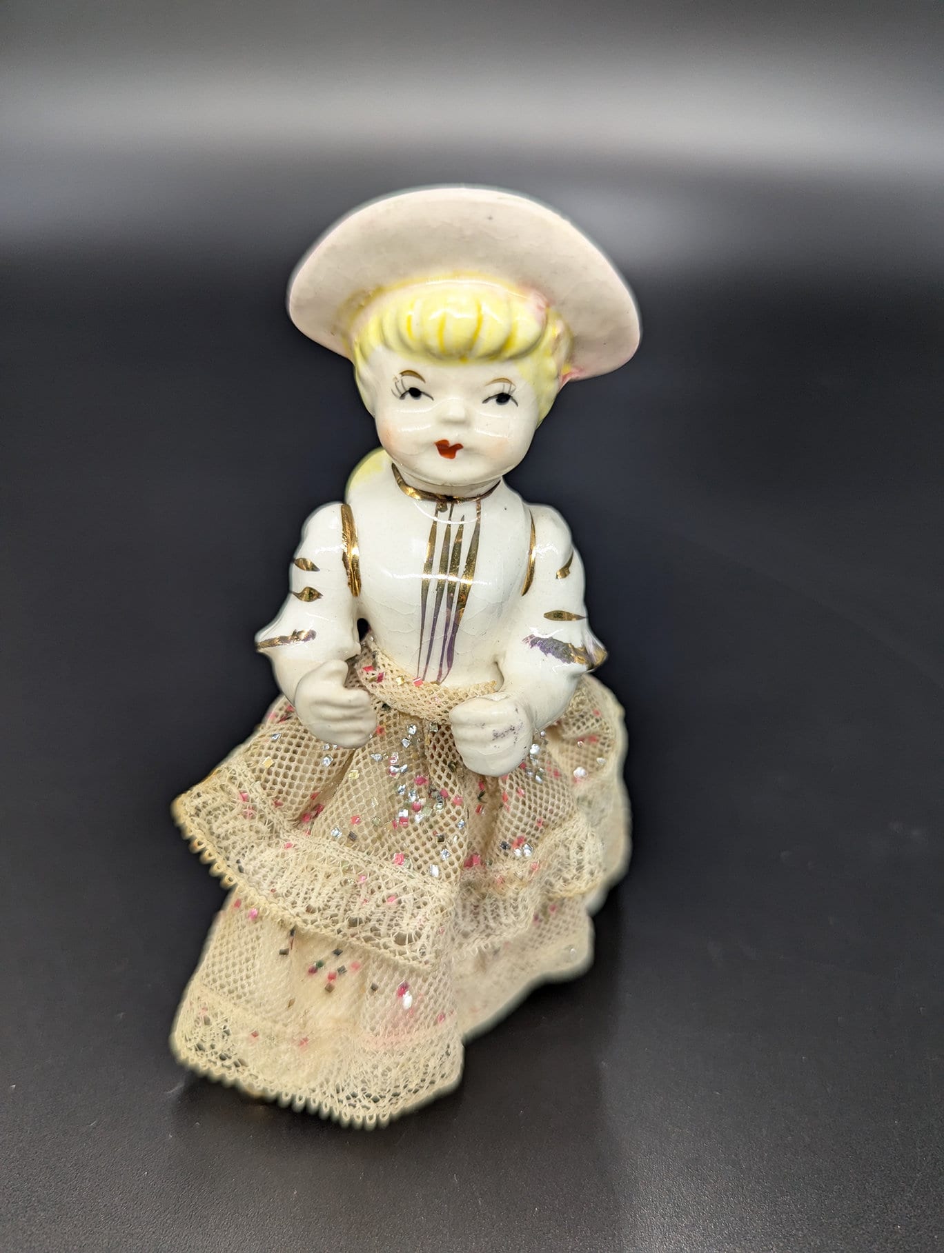 Vintage Porcelain Girl Figurine in Sparkle Lace Dress Made in