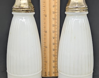 Vintage 1930s Tall Ribbed Milk Glass Salt & Pepper Shakers 5.5" tall - V6257