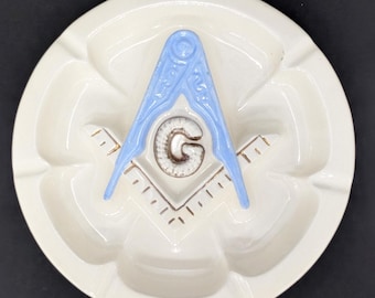 Vintage Ceramic Ashtray with Masonic Freemason Symbols 9" across - V4543