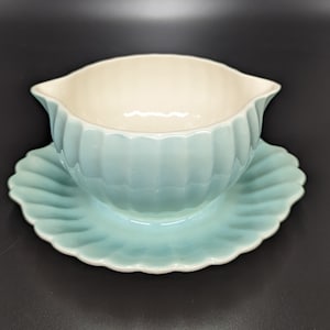 Vintage Beautiful American Limoges Minuet-K Cotillion Blue Gravy/Sauce Dish with attached Underplate - V0854