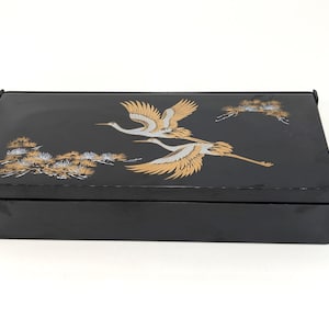 Vintage Asian Themed Acrylic Jewelry Box with Mirrors and Crane Design 10.5" long - V5963