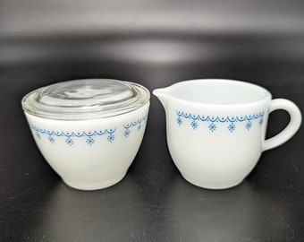 Vintage 1970s PYREX Blue Snowflake White Milk Glass Creamer and Lidded Sugar Bowl - V2618