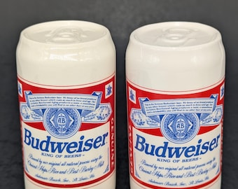 Vintage 1980s Ceramic Budweiser Salt & Pepper Shakers 4.25" tall - V6091