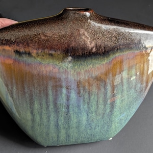Vintage Unique Brown and Teal Drip Glazed Pottery Thin Vase 8" tall - V6871