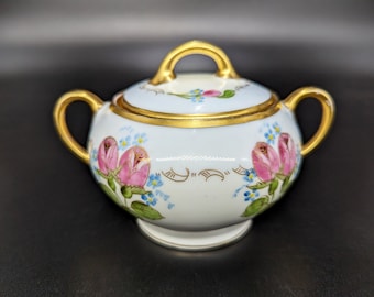 Vintage Beautiful WA Pickard Hand-Painted China Lidded Sugar Bowl with Peony flowers and gold trim - V2577