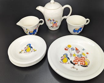 Vintage 1940s Edwin H. Knowles 10-Piece China Child's Tea Set with Circus Design - V2467