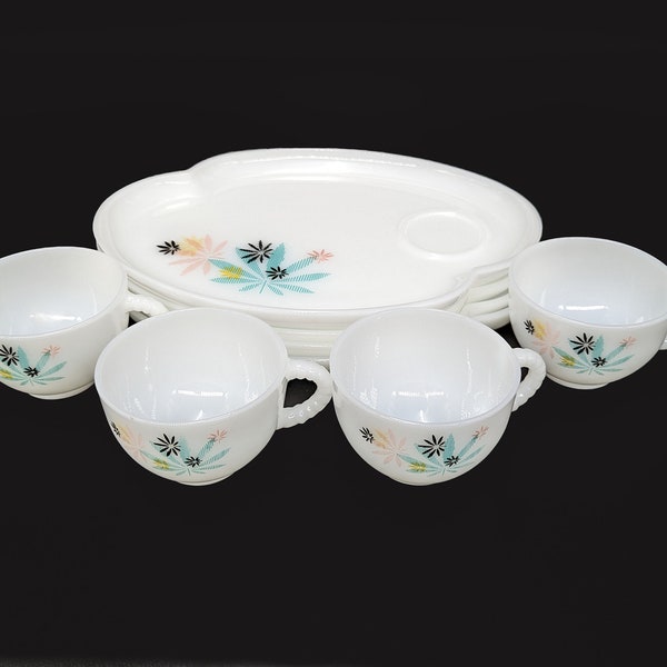 Vintage MCM 8-PC Federal Glass Milk Glass Atomic Flower/Japanese Maple Leaf Design  Lunch/Snack Sets 4 Cups 4 Lunch/Snack Plates - V2544