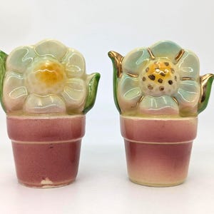 May include: A pair of ceramic salt and pepper shakers shaped like potted flowers. Each shaker features a pink pot base and a light blue flower with a yellow center, accented with gold trim on the petals and green leaves on the sides.