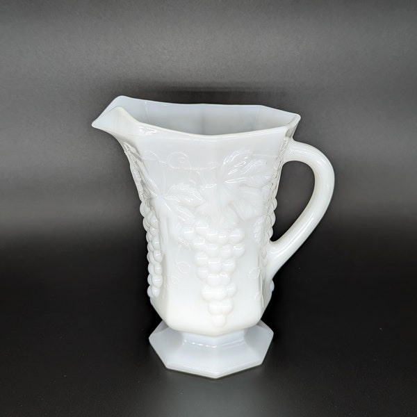 Vintage Milk Glass Pitcher/Vase with Grapes and Grape Leaf pattern - V0578