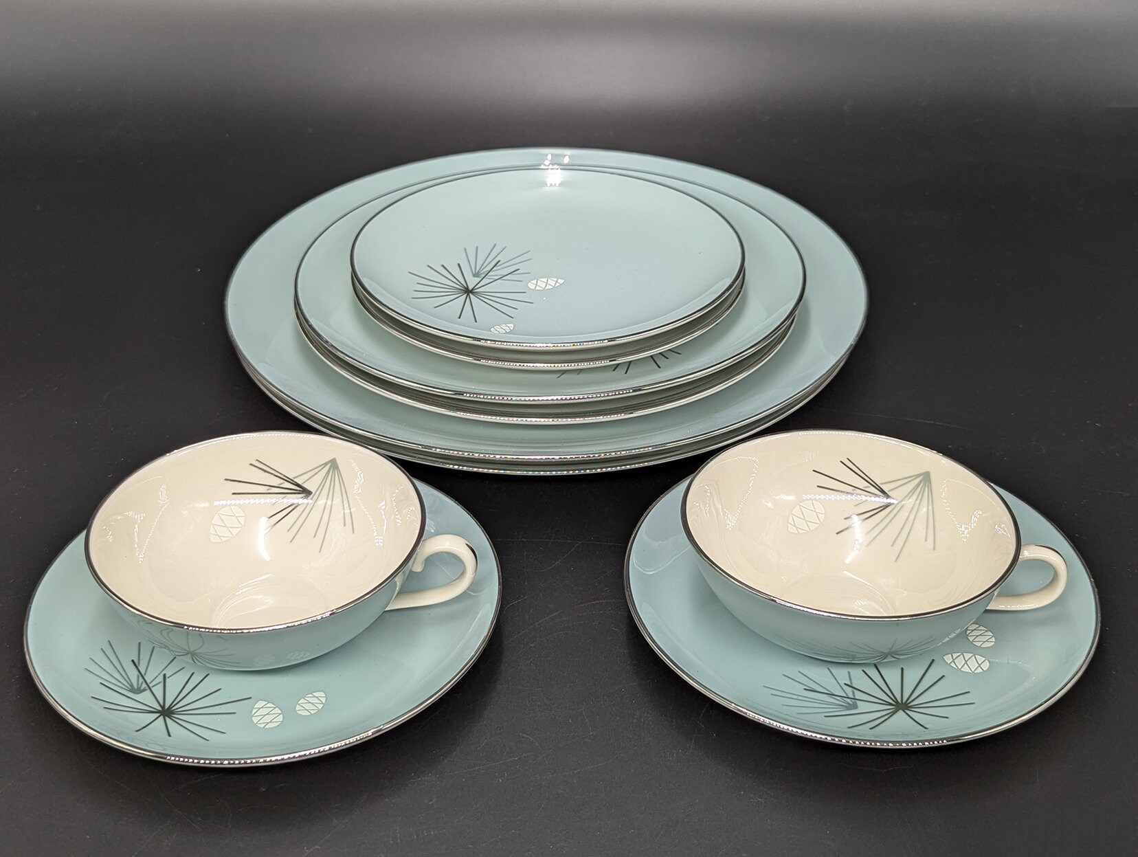 Vintage MCM Franciscan Silver Pine Place Settings 5-piece each with  Atomic Starburst and Pine Cone design V3692