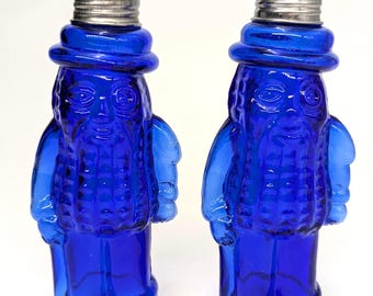 Vintage Beautiful Large Cobalt Blue Glass "MR. PEANUT" Salt and Pepper Shakers 5.25" tall - V6612