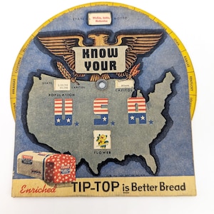 May include: Vintage educational card featuring a map of the USA with state flags and capitals. The card includes the text "KNOW YOUR USA" and "TIP-TOP is Better Bread". A small box of bread is also shown.