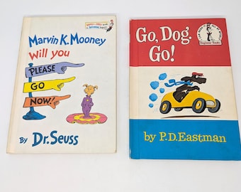 Vintage 2 Original Dr. Seuss Beginner Books "Go Dog Go" by P.D. Eastman and "Marvin K. Mooney Will You Please Go Now!" by Dr. Seuss - V4674