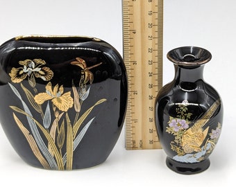 Vintage Japanese miniature Vases  Black with Gold - V2511
