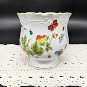 May include: White ceramic planter with a scalloped rim and gold trim. The planter is decorated with colorful illustrations of strawberries, butterflies, and ladybugs. The planter sits on a small pedestal base.