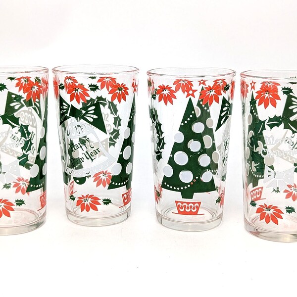 Vintage 1960s Set of 4 Hazel Atlas Merry Christmas and Happy New Year Glasses 12 oz - V5309