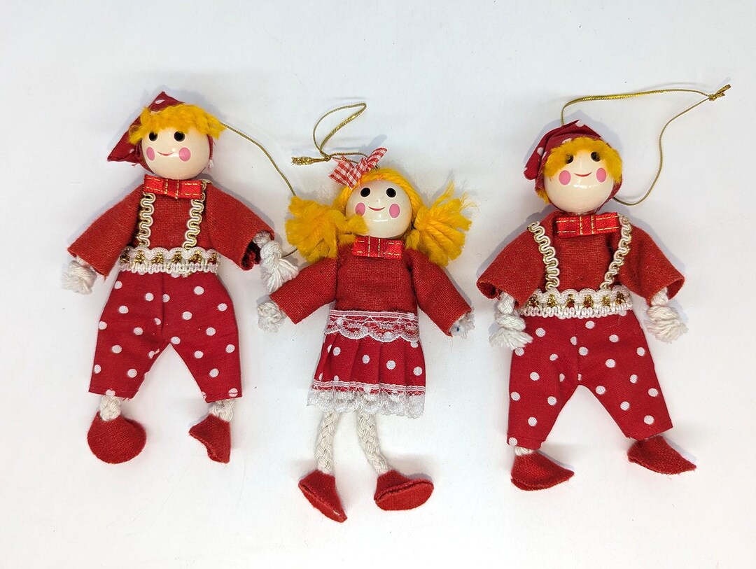 Clown Rag Rope Vintage Group of 3 Rag Doll Wood and Rope Style Ornaments 5