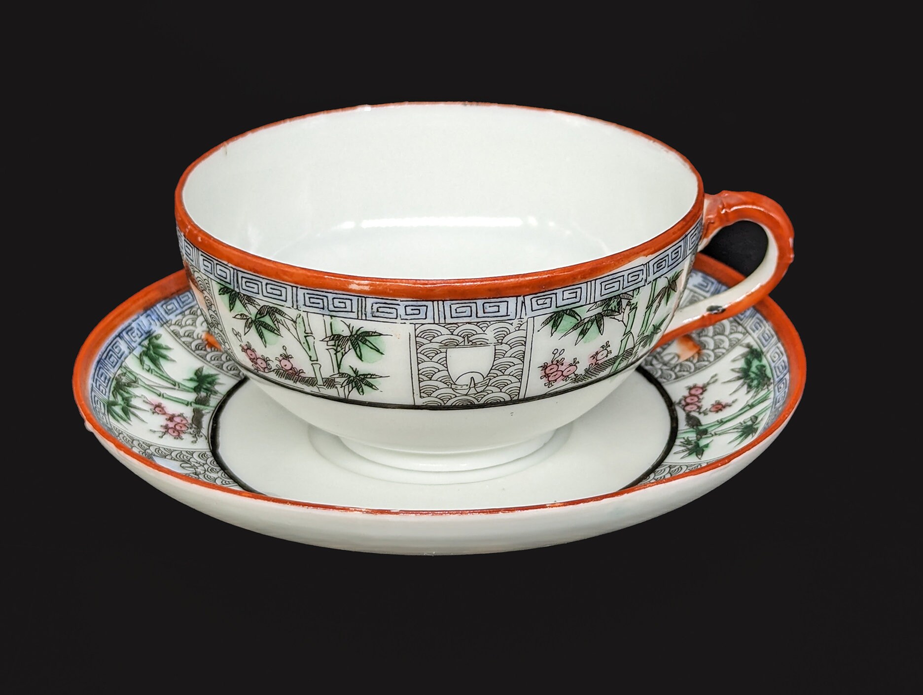 Vintage Japanese Fine Porcelain Tea Cup and Saucer Bamboo and