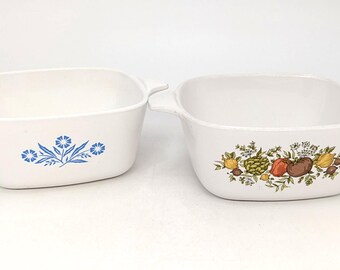 Vintage 1970s Pair of Corning Ware P-43-B Baking Dishes Blue Cornflower and Spice Of Life 2-3/4 size - V6023