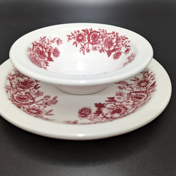 Vintage 2-Piece Homer Laughlin Bowl and Plate Cranberry Floral restaurant ware style - V1009