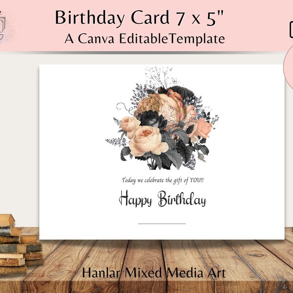 Happy Birthday Card 7x5" Salmon Grey Flowers Instant Download Botanical Birthday Greeting Card for Special Person Mum Sister Friend-Editable