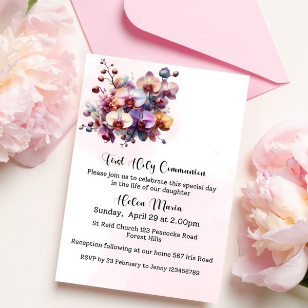 First Holy Communion Invite-Boy or Girl-5x7 Port-3 Cards-Rainbow Flowers-All Text, Fonts, Colors, Images-Editable and Customizable