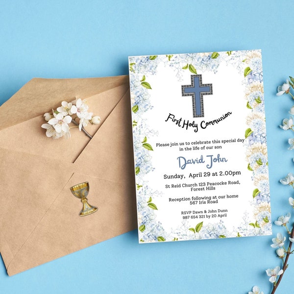 First Holy Communion Invitation for Boy-5x7 Portrait-3 Cards-Blue Hydrangea. All Text, Fonts, Colors, Images are Editable & Customizable