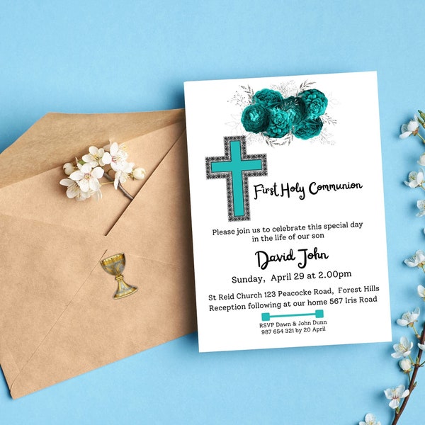 First Holy Communion Invitation for Boy-5x7 Portrait-3 Cards-Turquoise Cross Flowers-All Text Fonts Colors Images are Editable Personalize